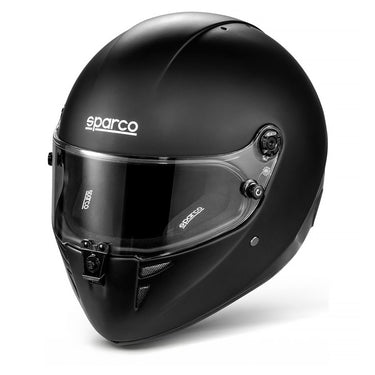 Black Sparco helmet with clear visor on a white background